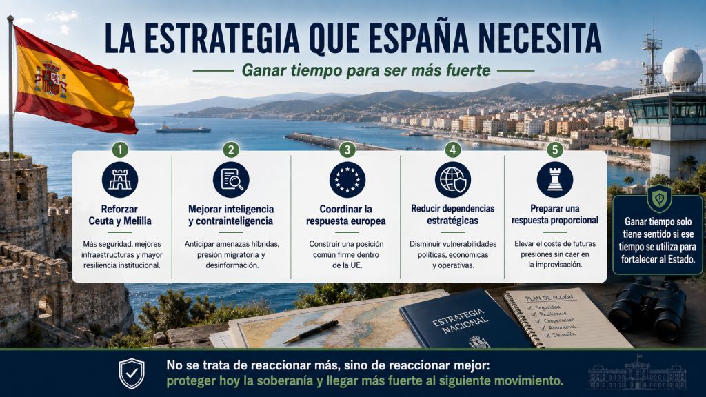 La estrategia que España necesita: Infografía con cinco líneas de acción para reforzar la posición de España: seguridad, inteligencia, coordinación europea, reducción de dependencias y respuesta proporcional.