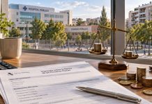 Justicia fiscal: España acepta los impuestos y exige equidad Documentos tributarios y una balanza sobre una mesa frente a un hospital, un colegio y viviendas, como representación de la justicia fiscal y los servicios públicos.