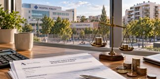 Justicia fiscal: España acepta los impuestos y exige equidad Documentos tributarios y una balanza sobre una mesa frente a un hospital, un colegio y viviendas, como representación de la justicia fiscal y los servicios públicos.