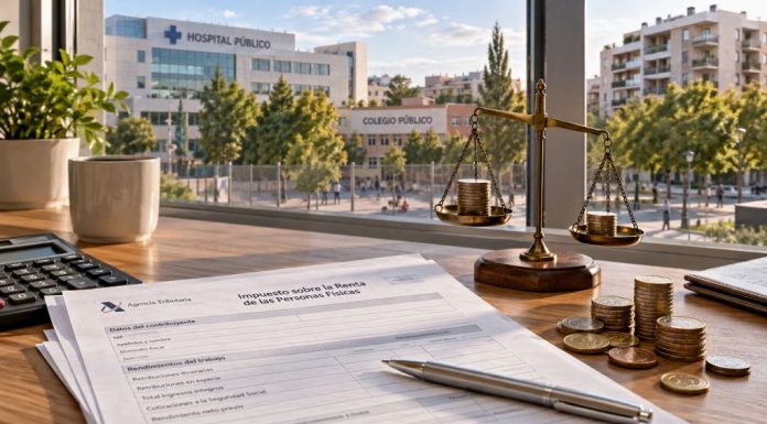 Justicia fiscal: España acepta los impuestos y exige equidad Documentos tributarios y una balanza sobre una mesa frente a un hospital, un colegio y viviendas, como representación de la justicia fiscal y los servicios públicos.