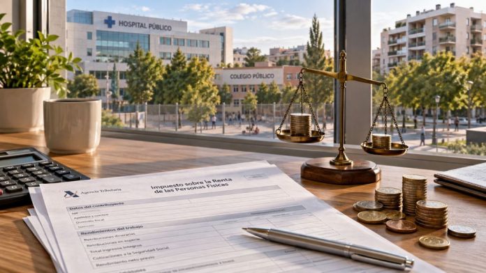 Fiscal 1 Documentos tributarios y una balanza sobre una mesa frente a un hospital, un colegio y viviendas, como representación de la justicia fiscal y los servicios públicos.