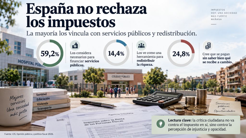 España no rechaza los impuestos: Infografía sobre la percepción ciudadana de los impuestos en España, con datos sobre financiación de servicios públicos, redistribución de la riqueza y retorno percibido.