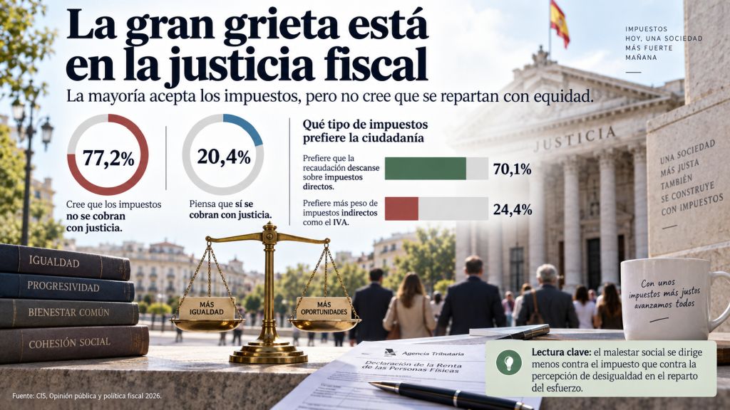 La gran grieta está en la justicia fiscal: Infografía que muestra que una amplia mayoría considera injusto el reparto de los impuestos y prefiere una fiscalidad más apoyada en impuestos directos.