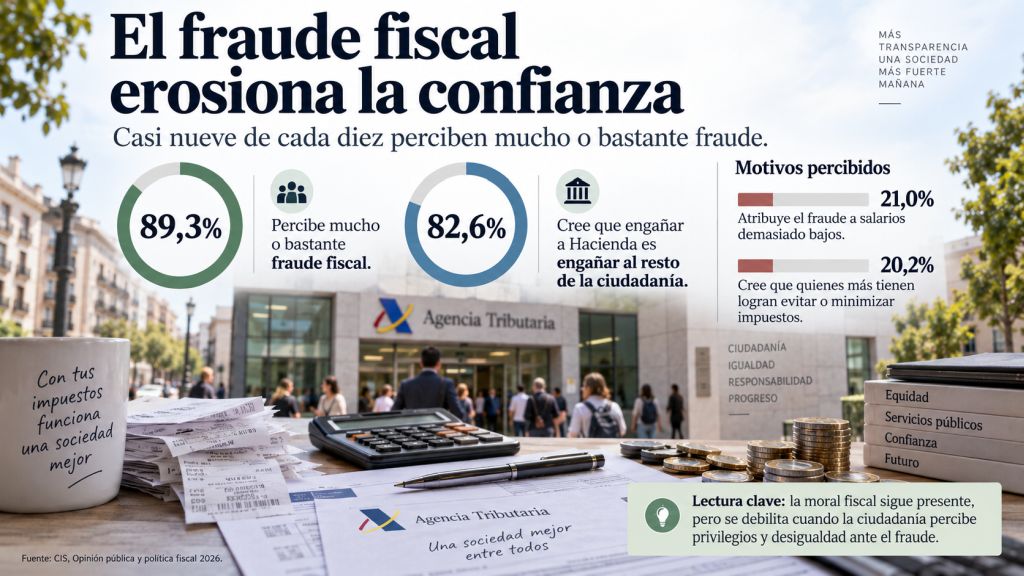 El fraude fiscal erosiona la confianza: Infografía sobre la percepción del fraude fiscal en España, sus principales causas y el rechazo ciudadano a engañar a Hacienda.