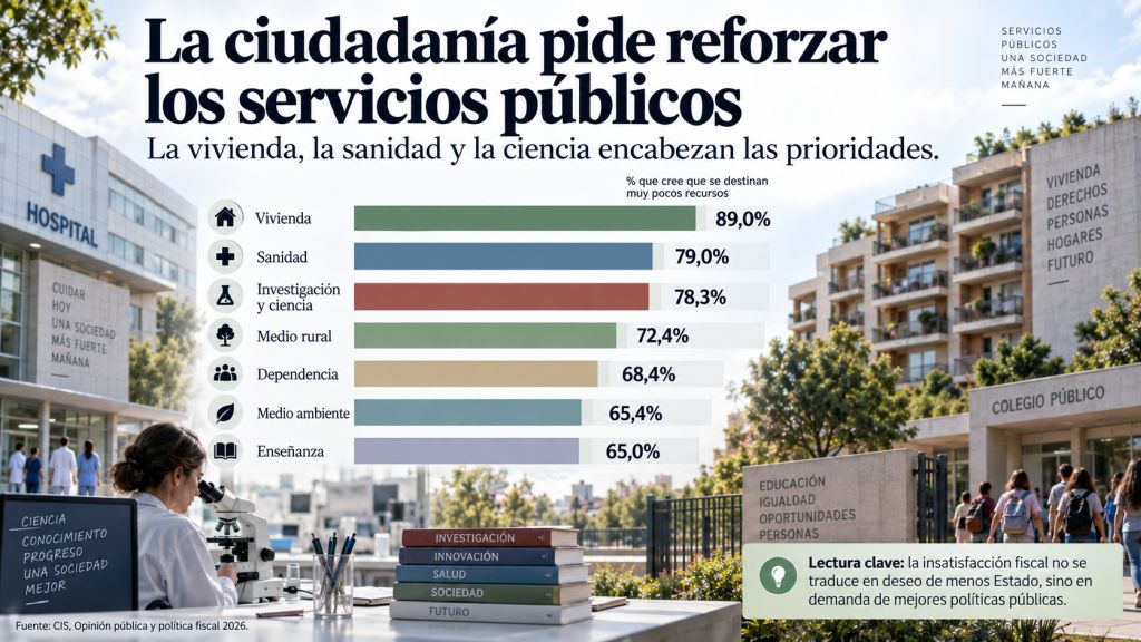 La ciudadanía pide reforzar los servicios públicos: Infografía con los servicios que la ciudadanía considera insuficientemente financiados, encabezados por vivienda, sanidad, ciencia, medio rural y dependencia.