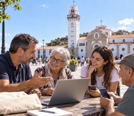 IA en Candelaria para entenderla y usarla con criterio Vecinos de distintas edades conversan alrededor de un portátil frente a la basílica de Candelaria para acercarse juntos a la inteligencia artificial.