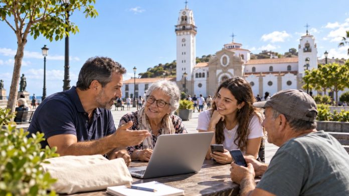Vecinos de distintas edades conversan alrededor de un portátil frente a la basílica de Candelaria para acercarse juntos a la inteligencia artificial.