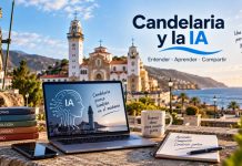 IA en Candelaria: nace una comunidad para aprender juntos Vista de Candelaria con la basílica, el mar y un portátil como símbolo de una comunidad local que se acerca a la inteligencia artificial.