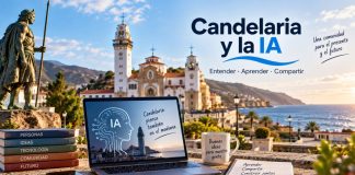 IA en Candelaria: nace una comunidad para aprender juntos Vista de Candelaria con la basílica, el mar y un portátil como símbolo de una comunidad local que se acerca a la inteligencia artificial.