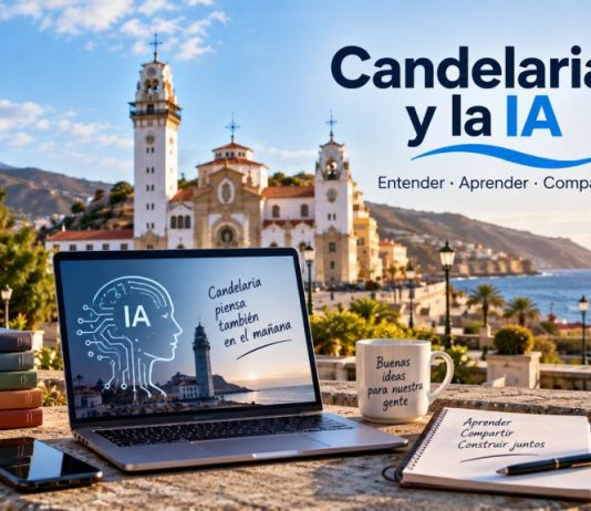 IA en Candelaria: nace una comunidad para aprender juntos Vista de Candelaria con la basílica, el mar y un portátil como símbolo de una comunidad local que se acerca a la inteligencia artificial.