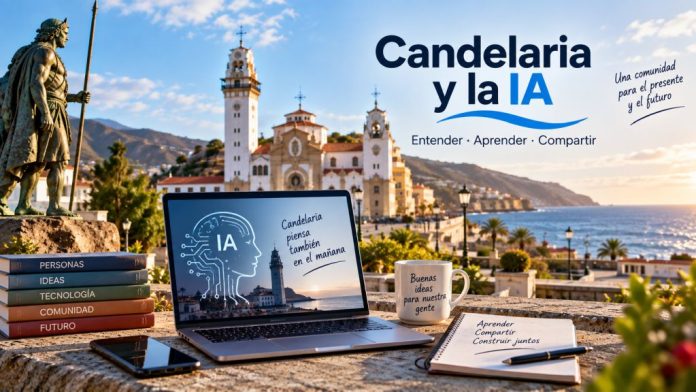 Vista de Candelaria con la basílica, el mar y un portátil como símbolo de una comunidad local que se acerca a la inteligencia artificial.
