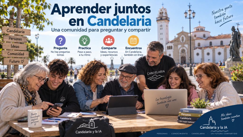Aprender juntos en Candelaria: Personas de varias generaciones comparten móviles y ordenadores en un encuentro ciudadano para preguntar, practicar y aprender sobre inteligencia artificial.
