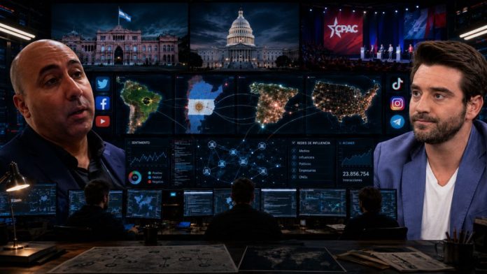 La red transnacional de influencia: Mapa de conexiones entre Fernando Cerimedo y Javier Negre con medios, consultoría digital, plataformas y foros políticos en Argentina, España, Brasil y Estados Unidos.
