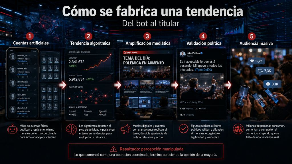 Cómo se fabrica una tendencia: Esquema visual del proceso de amplificación digital desde cuentas artificiales y algoritmos hasta medios, dirigentes políticos y audiencias masivas.