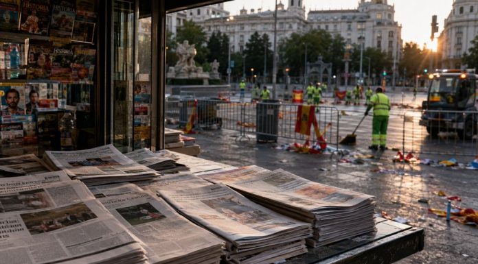Manifestación por Ceuta: los números y las portadas Quiosco de prensa al amanecer junto a una plaza que recupera la normalidad tras las manifestaciones de apoyo a Ceuta.