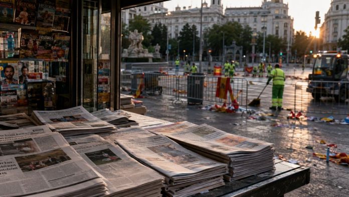 Manifestación 1 Quiosco de prensa al amanecer junto a una plaza que recupera la normalidad tras las manifestaciones de apoyo a Ceuta.