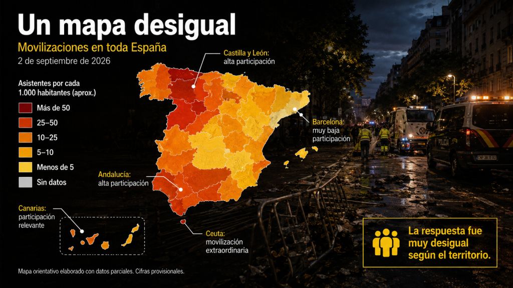 Mapa de España que refleja las grandes diferencias territoriales en la participación de las movilizaciones de apoyo a Ceuta.