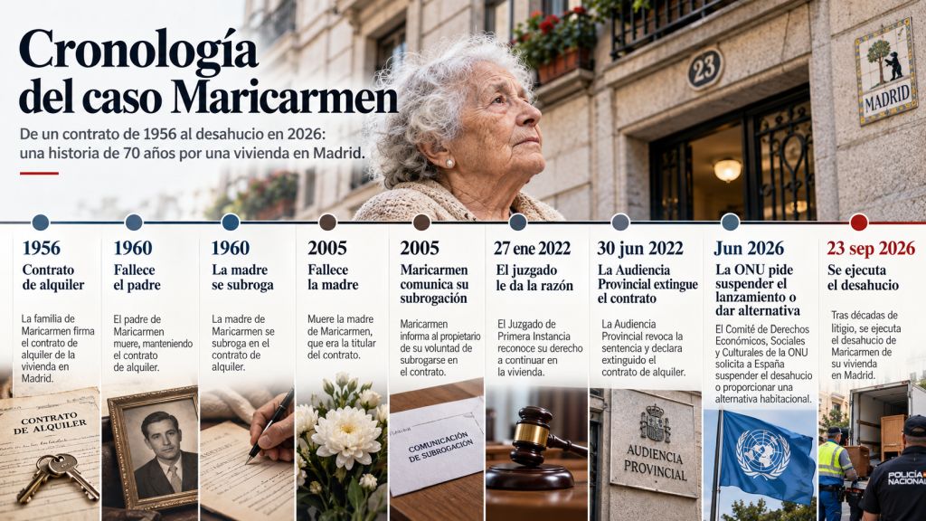 Cronología: Línea temporal del caso de Maricarmen desde el contrato de alquiler de 1956 hasta el desahucio ejecutado en septiembre de 2026.
