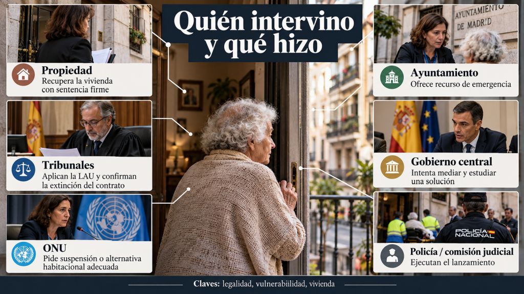 Actores implicados: Infografía sobre la intervención de la propiedad, los tribunales, la ONU, el Ayuntamiento, el Gobierno central y la comisión judicial en el caso de Maricarmen.