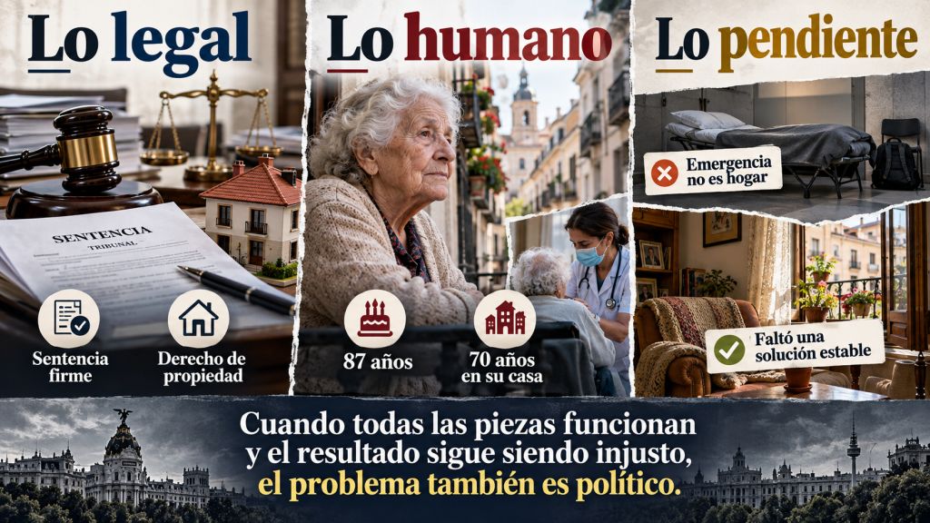 Legalidad y protección social: Infografía que contrapone la sentencia firme y el derecho de propiedad con la vulnerabilidad de Maricarmen y la falta de una solución habitacional estable.