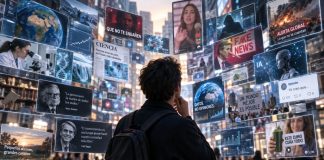 Ignorancia y democracia: la advertencia de Asimov y Sagan Persona rodeada de pantallas, noticias, redes sociales y contenidos digitales que simbolizan la dificultad de distinguir información fiable, opinión y desinformación.