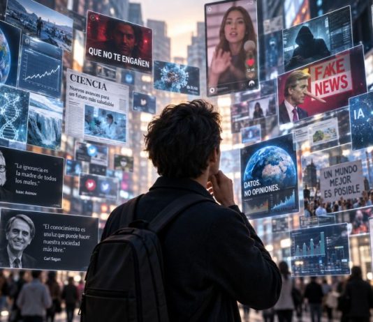 Ignorancia y democracia: la advertencia de Asimov y Sagan Persona rodeada de pantallas, noticias, redes sociales y contenidos digitales que simbolizan la dificultad de distinguir información fiable, opinión y desinformación.