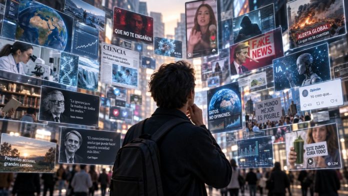 Persona rodeada de pantallas, noticias, redes sociales y contenidos digitales que simbolizan la dificultad de distinguir información fiable, opinión y desinformación.