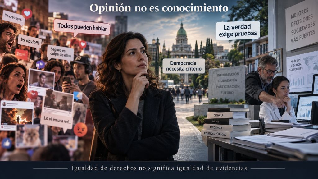 Opinión no es conocimiento: Ciudadana entre mensajes de opinión y fuentes científicas, como representación de la diferencia entre libertad de expresión, conocimiento y evidencia.
