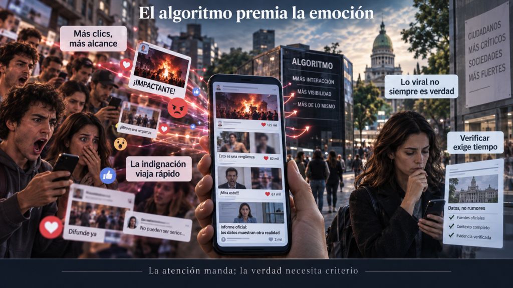 El algoritmo premia la emoción: Redes sociales y contenidos virales compiten con información contrastada, mostrando cómo los algoritmos pueden favorecer la emoción frente a la verificación.
