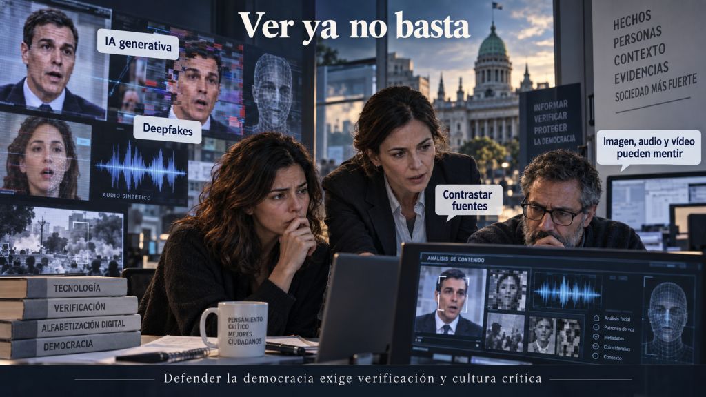Ver ya no basta: Equipo analizando imágenes, audio y vídeo manipulados mediante inteligencia artificial para verificar su autenticidad y proteger la información democrática.