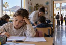 PISA en Canarias: el problema empieza mucho antes Alumna de Primaria trabajando en un aula canaria mientras una docente atiende a otro estudiante, con el entorno escolar y el paisaje insular al fondo.