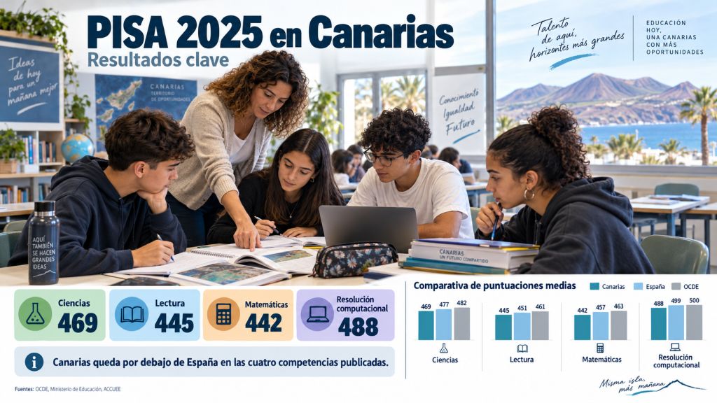 Resultados clave: Infografía sobre PISA 2025 en Canarias con las puntuaciones de ciencias, lectura, matemáticas y resolución computacional comparadas con España y la OCDE.