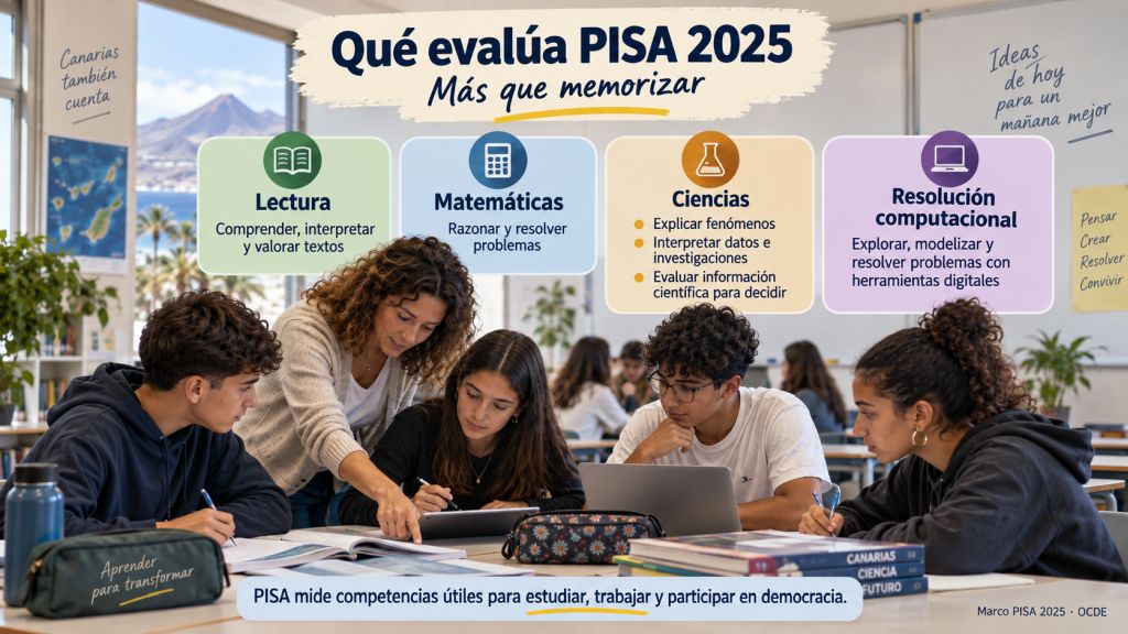 Qué evalúa PISA 2025: Infografía que explica las competencias evaluadas por PISA 2025 en lectura, matemáticas, ciencias y resolución computacional de problemas.