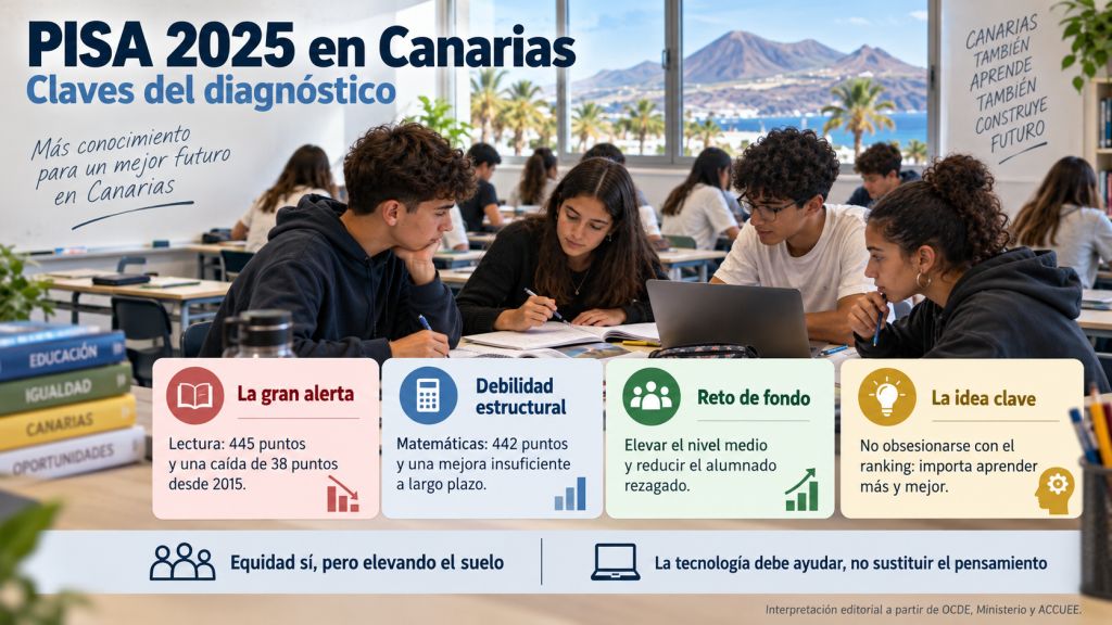 Claves del diagnóstico: Infografía sobre las principales conclusiones de PISA 2025 en Canarias: caída de la lectura, debilidad matemática, equidad educativa y necesidad de mejorar el aprendizaje.