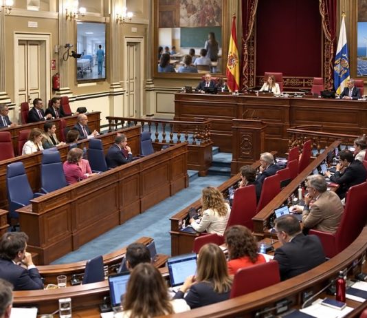 Pleno autonómico: siete debates para entender Canarias Salón de plenos del Parlamento de Canarias durante una sesión, con referencias visuales a vivienda, sanidad, educación, energía y territorio.