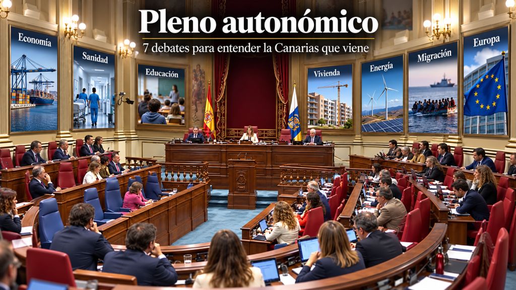 Hemiciclo del Parlamento de Canarias con imágenes que representan economía, sanidad, educación, vivienda, energía, migración y Europa.