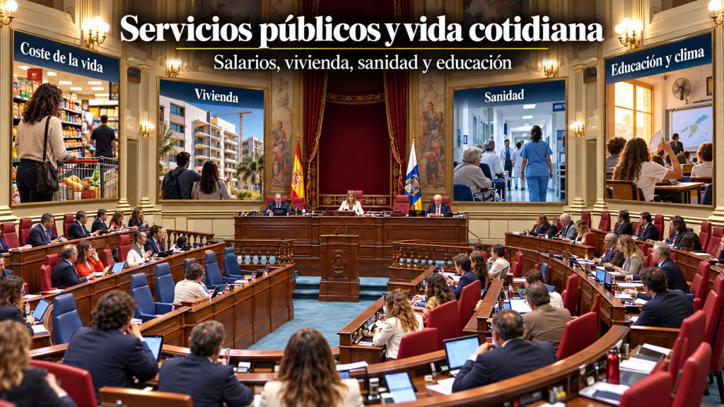 Pleno parlamentario rodeado de escenas sobre coste de la vida, vivienda, sanidad y educación, principales preocupaciones cotidianas en Canarias.