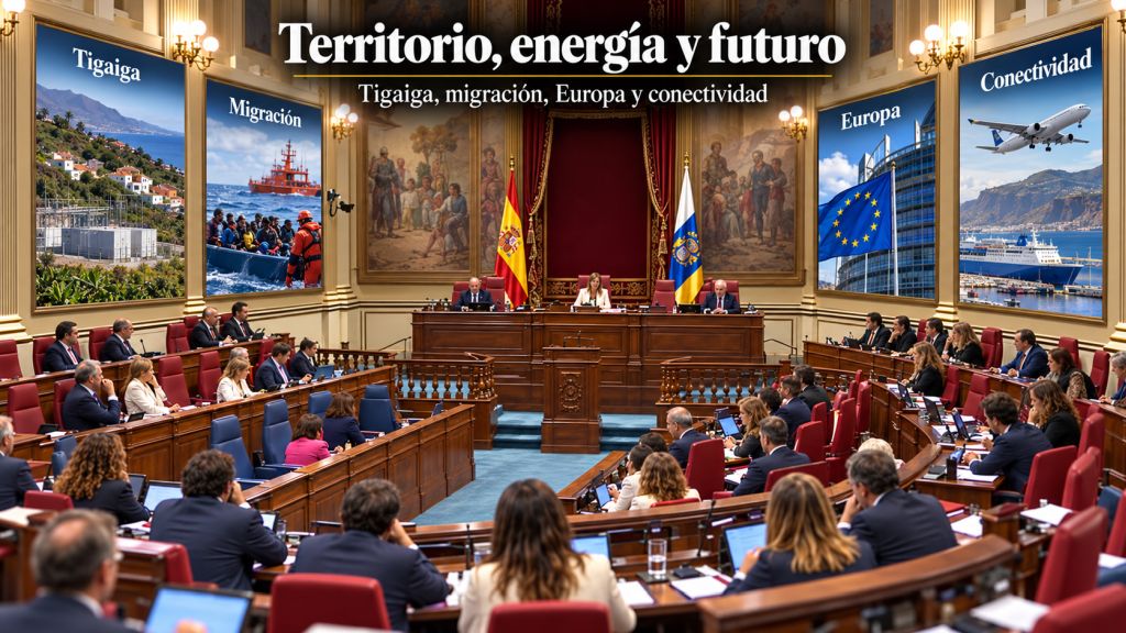 Parlamento de Canarias con referencias visuales a Tigaiga, migración, Europa y conectividad aérea y marítima en las islas.