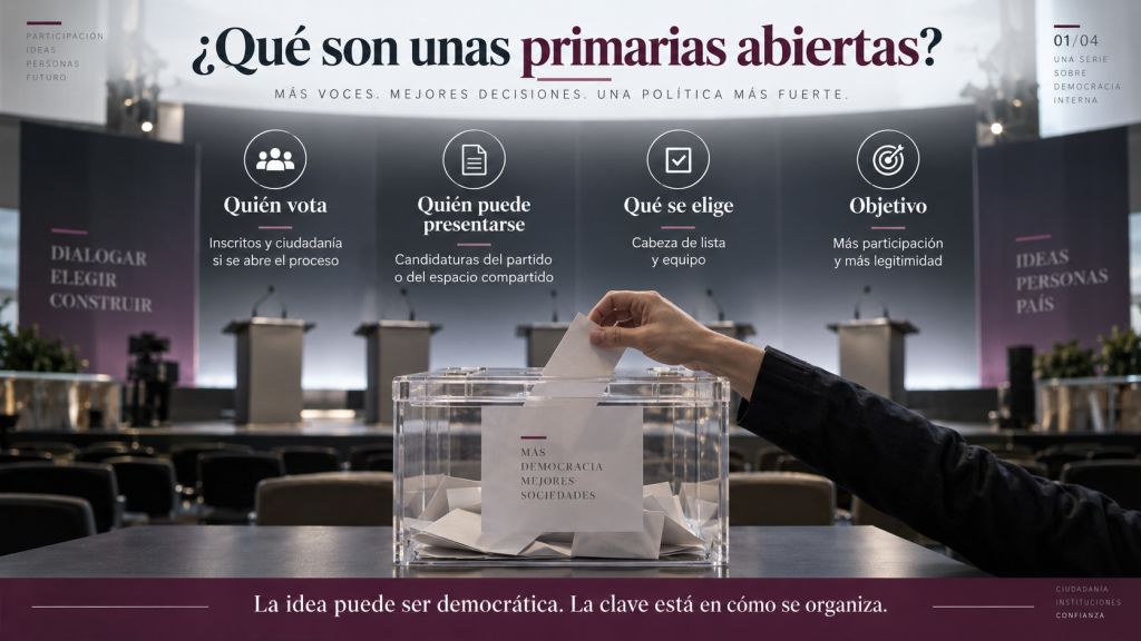 Urna electoral y escenario de debate que explican quién puede votar, quién puede presentarse y qué se elige en unas primarias abiertas.