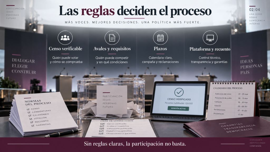 Urna, documentación electoral, calendario y plataforma digital que representan la importancia del censo, los requisitos, los plazos y el recuento en unas primarias.