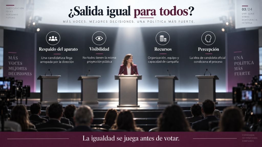 Candidata situada en el centro de un escenario con varios atriles vacíos, ilustrando cómo el respaldo del aparato, la visibilidad y los recursos pueden condicionar la igualdad de salida.