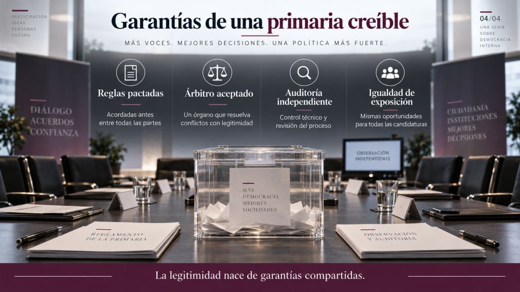Urna en una mesa de negociación rodeada de documentación y puestos de observación, como representación de unas primarias con reglas pactadas, auditoría independiente y garantías compartidas.