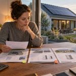 Cómo comparar presupuestos solares sin ser especialista Persona comparando varios presupuestos de autoconsumo solar en una mesa, con una vivienda con paneles fotovoltaicos al fondo.