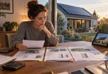 Cómo comparar presupuestos solares sin ser especialista Persona comparando varios presupuestos de autoconsumo solar en una mesa, con una vivienda con paneles fotovoltaicos al fondo.
