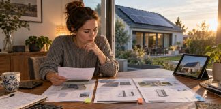 Cómo comparar presupuestos solares sin ser especialista Persona comparando varios presupuestos de autoconsumo solar en una mesa, con una vivienda con paneles fotovoltaicos al fondo.