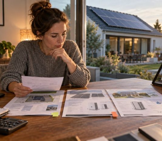 Cómo comparar presupuestos solares sin ser especialista Persona comparando varios presupuestos de autoconsumo solar en una mesa, con una vivienda con paneles fotovoltaicos al fondo.