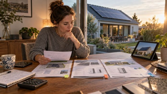 Persona comparando varios presupuestos de autoconsumo solar en una mesa, con una vivienda con paneles fotovoltaicos al fondo.