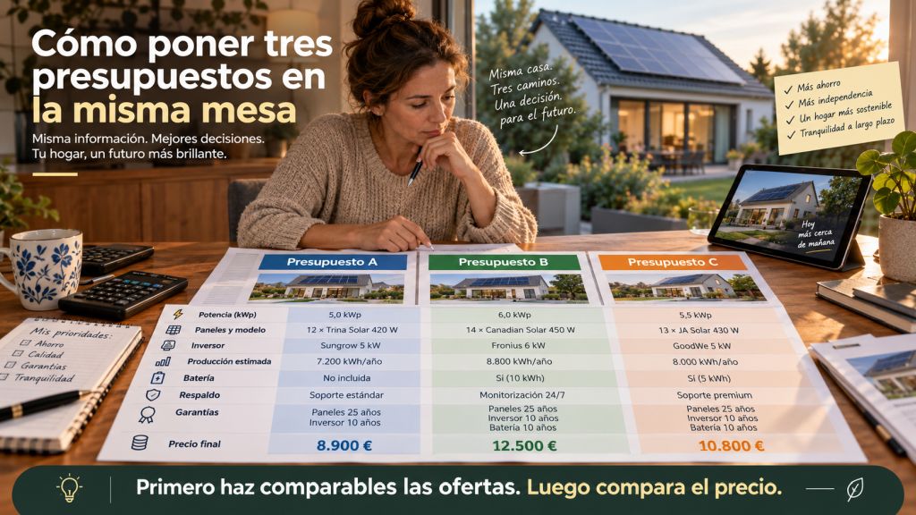 Infografía comparativa de tres presupuestos solares con diferencias en potencia, paneles, inversor, batería, garantías y precio final.