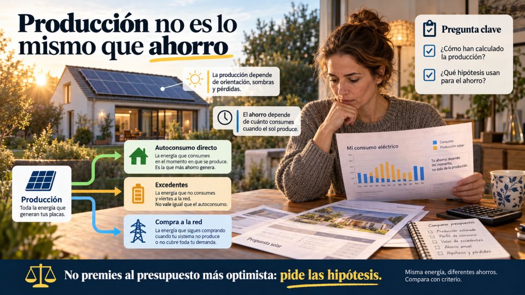 Infografía que diferencia producción solar, autoconsumo directo, excedentes y energía comprada a la red para explicar el ahorro real.
