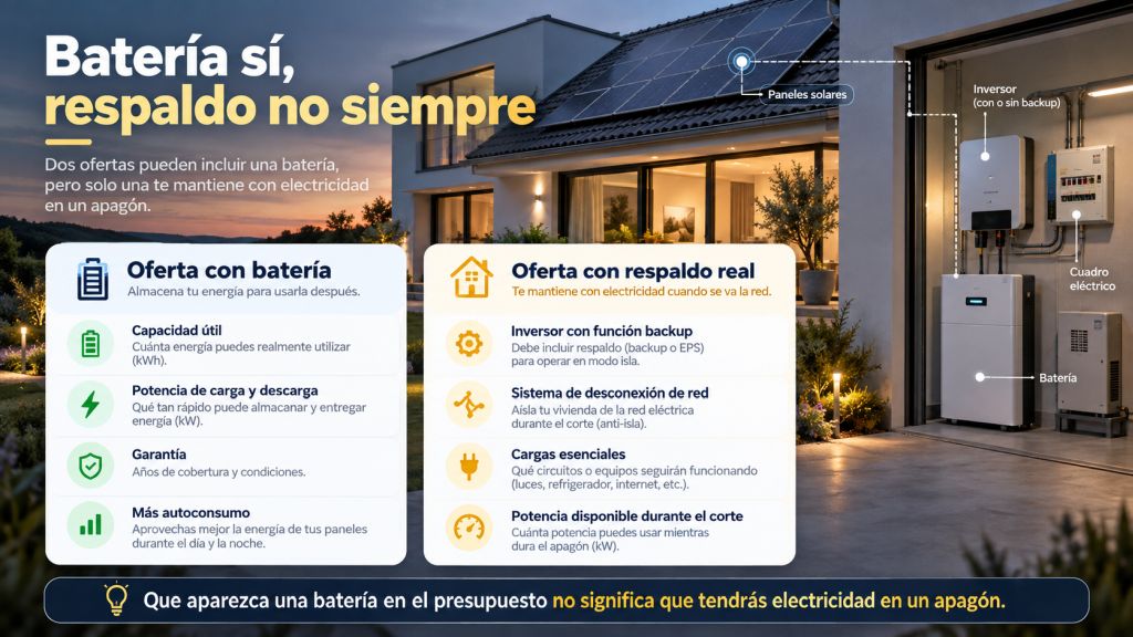 Infografía que compara una oferta con batería y otra con respaldo real para mostrar que almacenar energía no garantiza suministro durante un apagón.